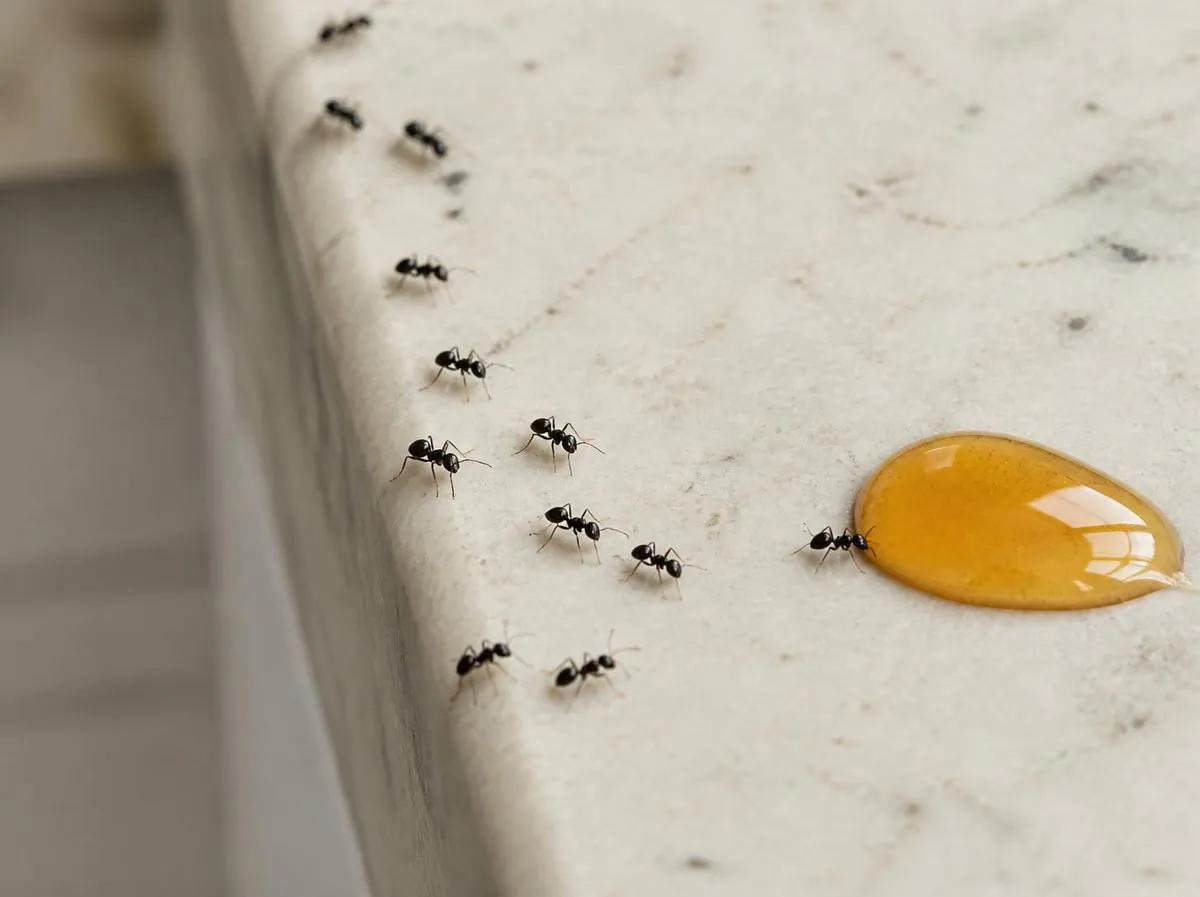 File de fourmis noires attirées par une goutte de miel sur un plan de travail