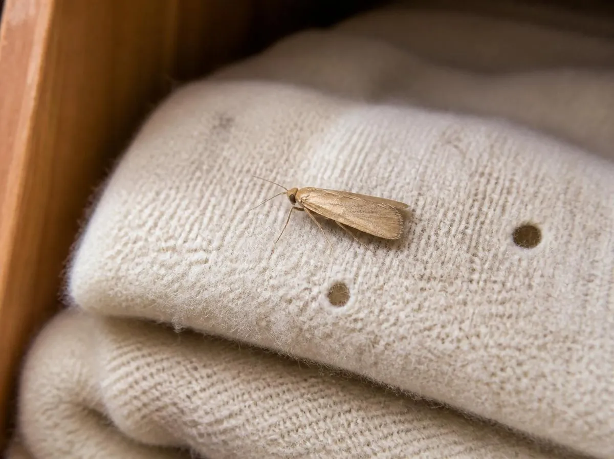 Mite des vêtements posée sur un pull en laine troué