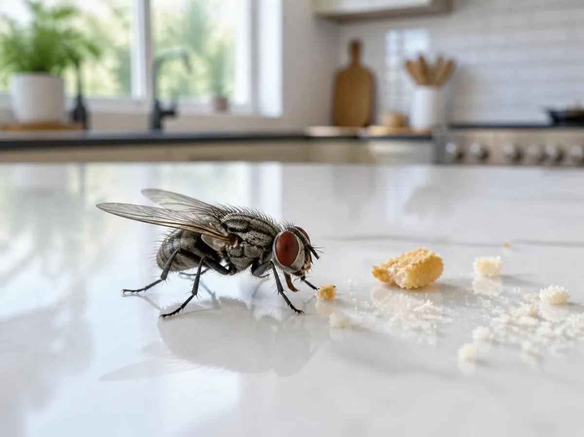 Mouche domestique sur un plan de travail de cuisine