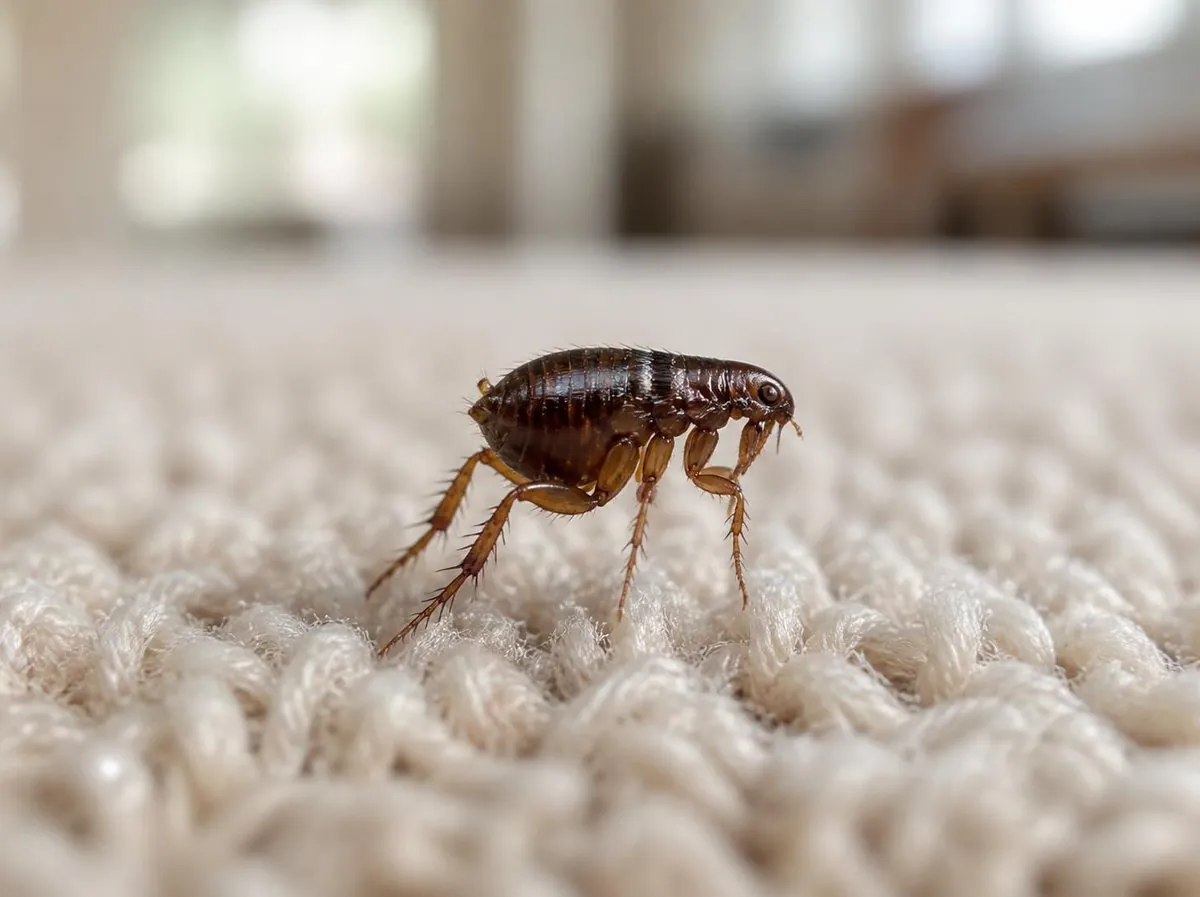 Puce de chat sur un tapis, vue de près