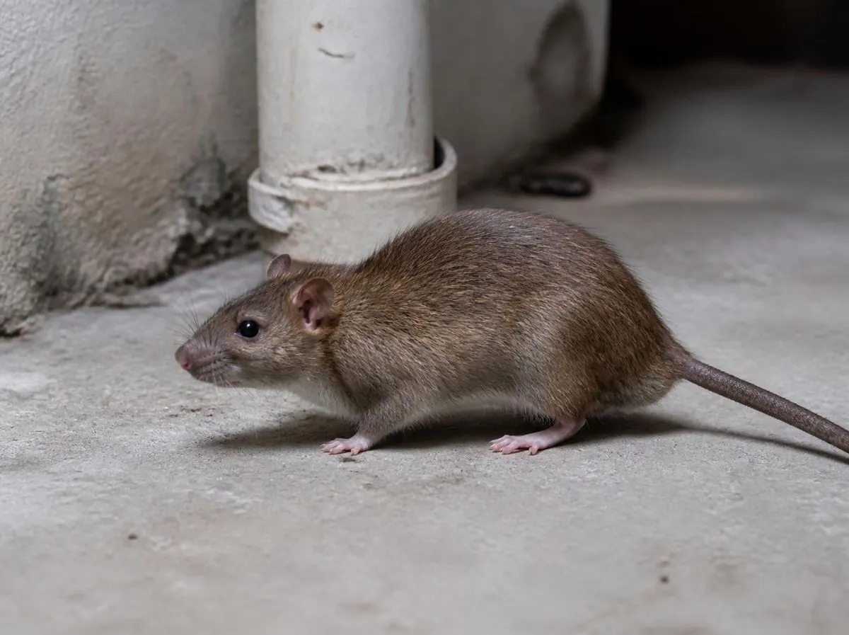 Rat brun (surmulot) dans une cave, près d'une canalisation