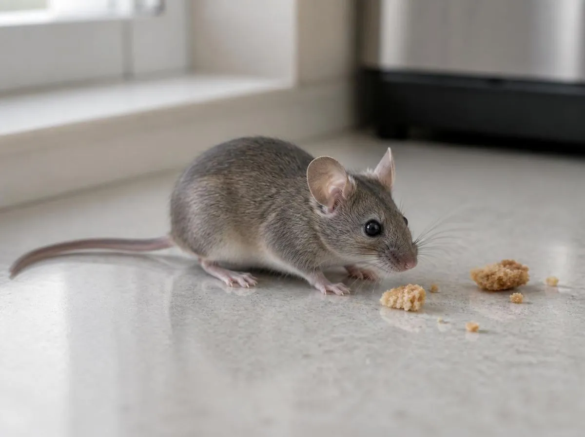 Souris domestique sur un plan de travail de cuisine, près de miettes