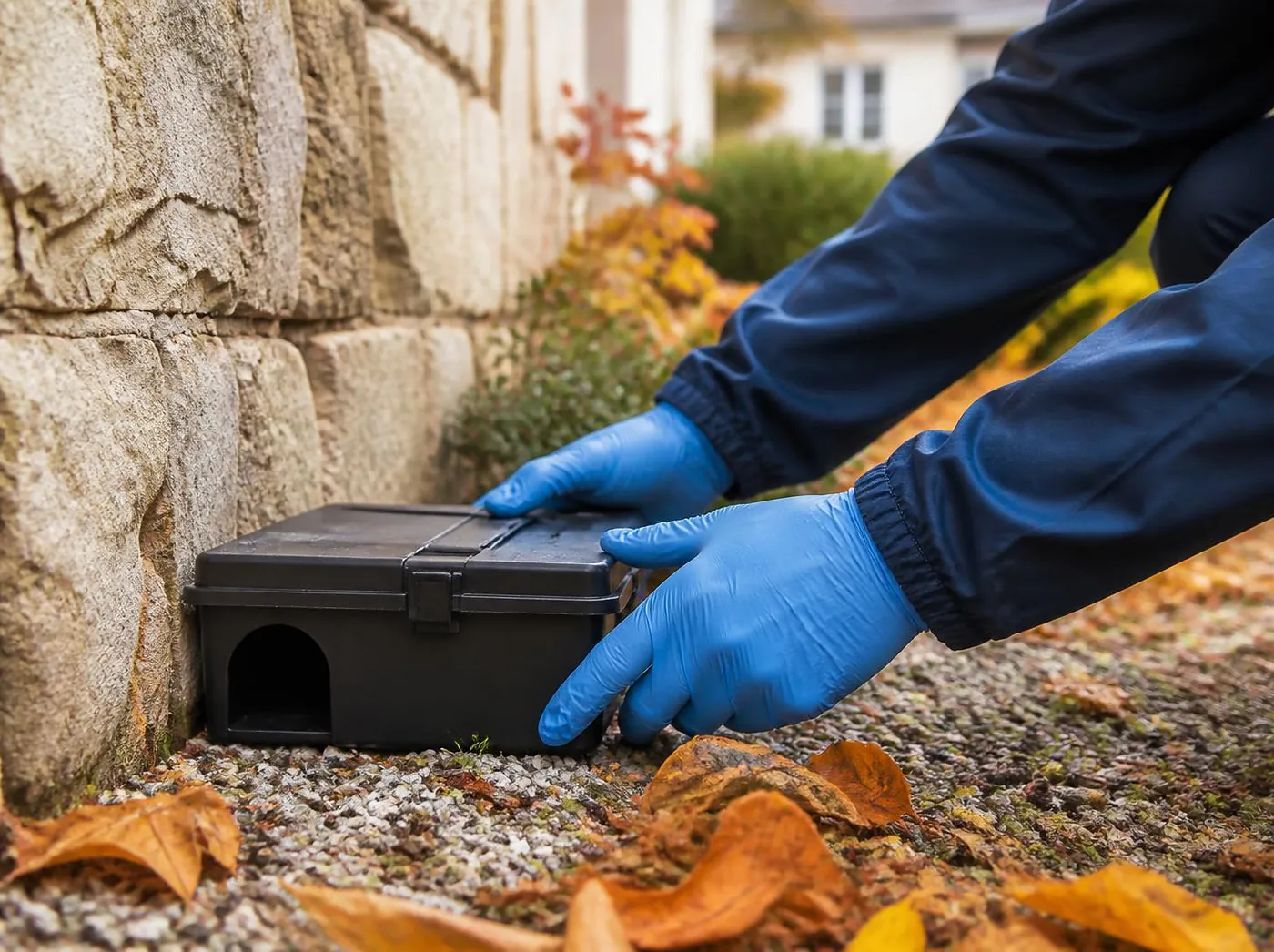 Technicien en gants posant un poste d'appâtage sécurisé le long d'un mur de jardin