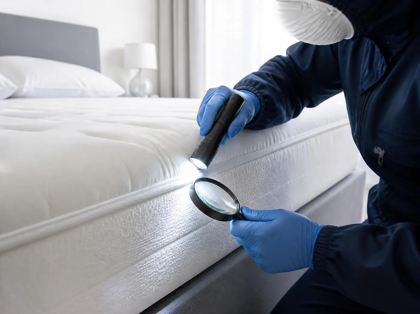 Technicien inspectant la couture d'un matelas à la lampe et à la loupe pour repérer les punaises de lit