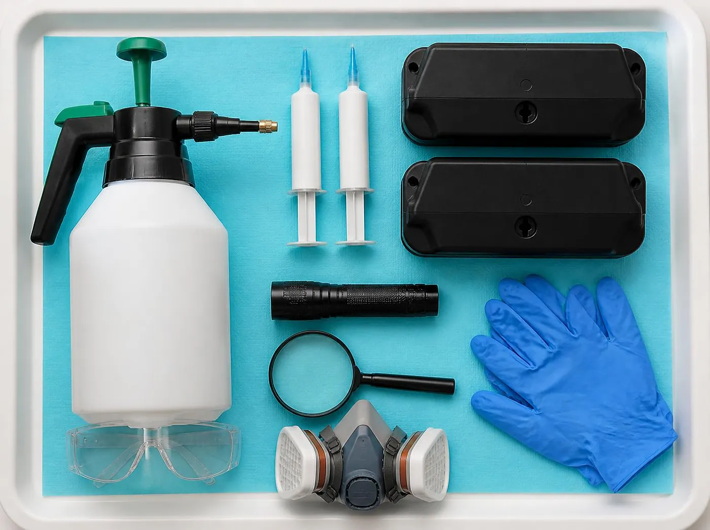 Matériel d'intervention rangé sur un plateau : pulvérisateur, seringues de gel, postes d'appâtage, lampe, loupe, masque et gants