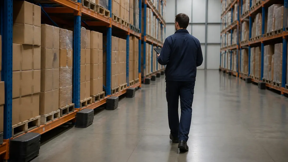 Technicien avec une tablette dans une allée d'entrepôt, postes d'appâtage au pied des racks