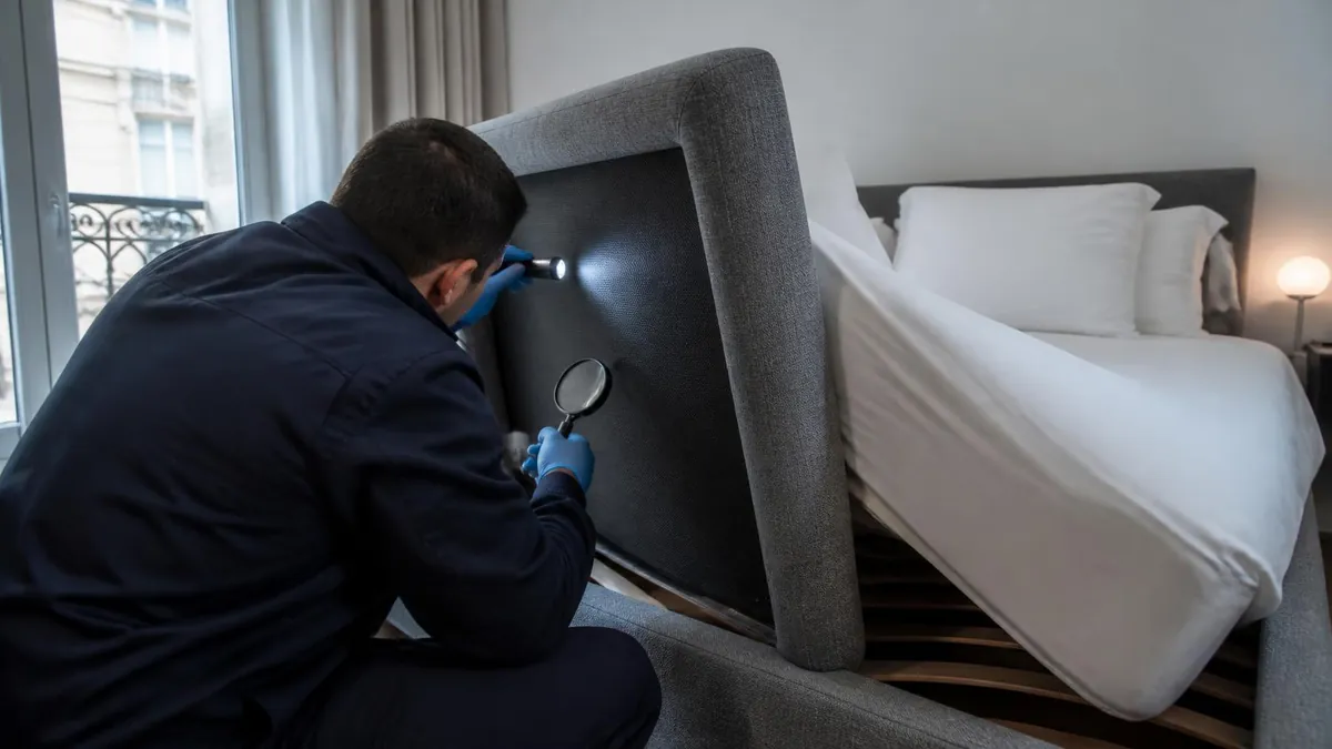 Technicien inspectant à la lampe les coutures d'un matelas et la tête de lit d'une chambre d'hôtel