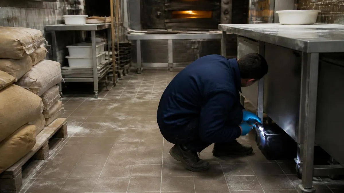 Technicien contrôlant un poste d'appâtage sous une table inox dans le fournil d'une boulangerie