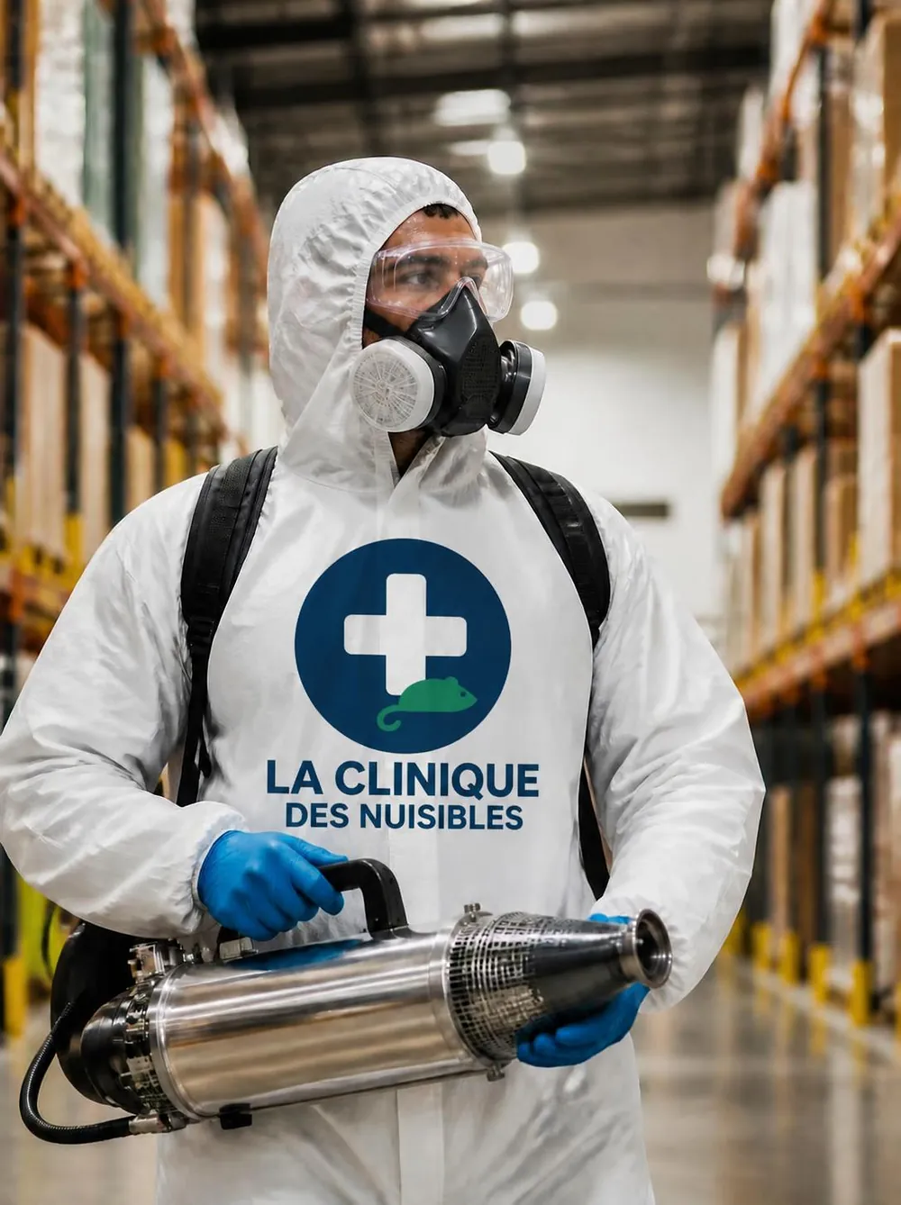 Illustration : technicien en combinaison et masque de protection, nébulisateur en main