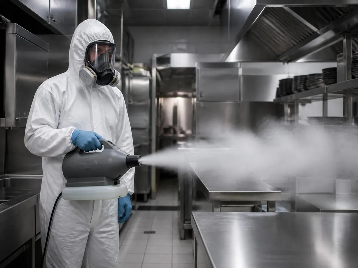 Technicien en combinaison et masque intégral nébulisant une cuisine professionnelle vide avec un nébulisateur électrique à froid