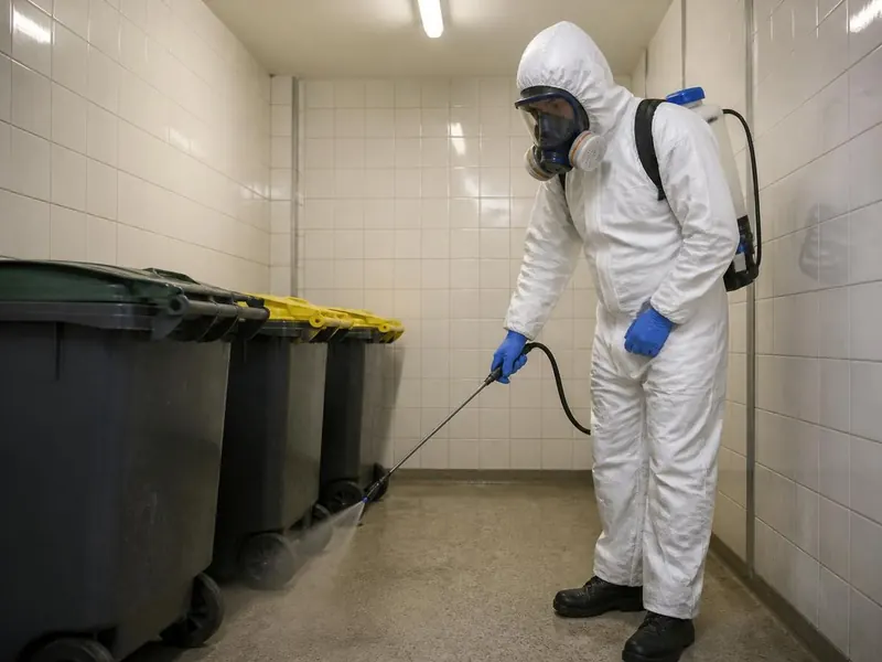 Technicien en combinaison et masque intégral désinfectant un local poubelles d'immeuble au pulvérisateur