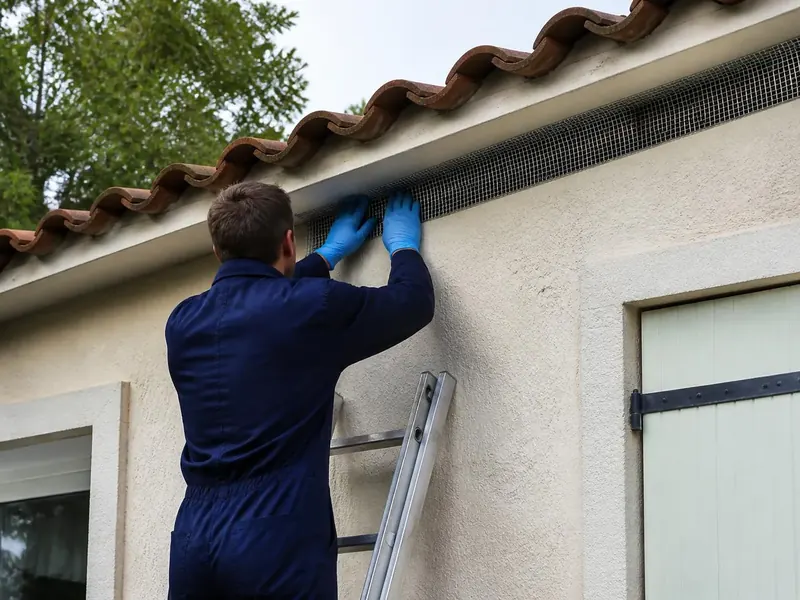Technicien sur une échelle posant une grille métallique sous le rebord de toiture pour fermer l'accès