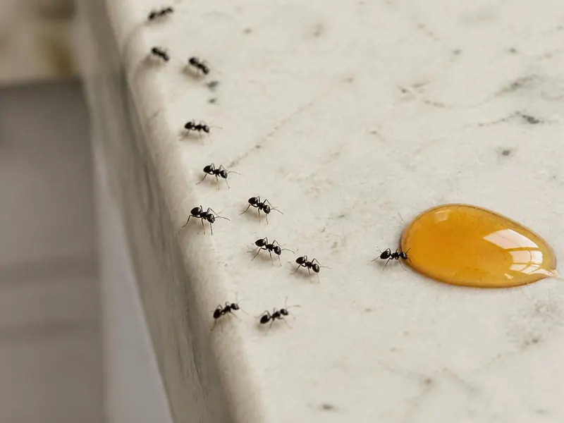 File de fourmis noires attirées par une goutte de miel sur un plan de travail