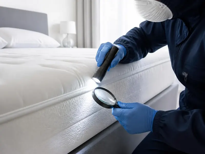 Technicien inspectant la couture d'un matelas à la lampe et à la loupe pour repérer les punaises de lit