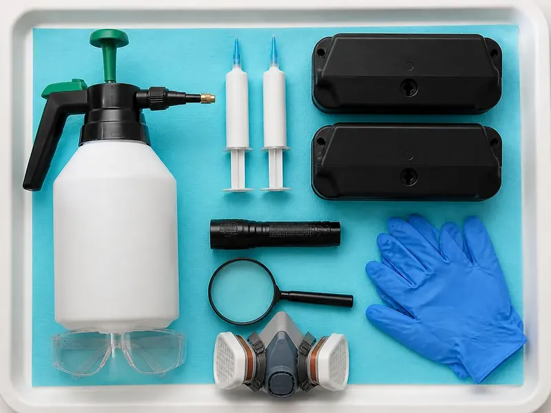 Matériel d'intervention rangé sur un plateau : pulvérisateur, seringues de gel, postes d'appâtage, lampe, loupe, masque et gants