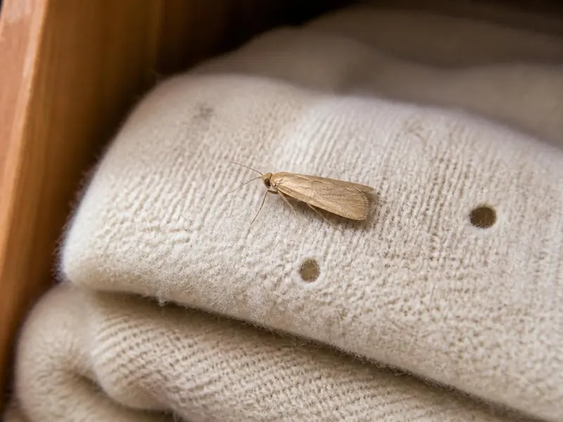 Mite des vêtements posée sur un pull en laine troué