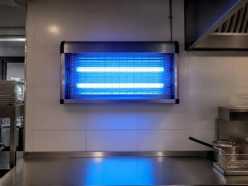 Désinsectiseur à lampes UV et plaque engluée fixé au mur carrelé d'une cuisine de restaurant