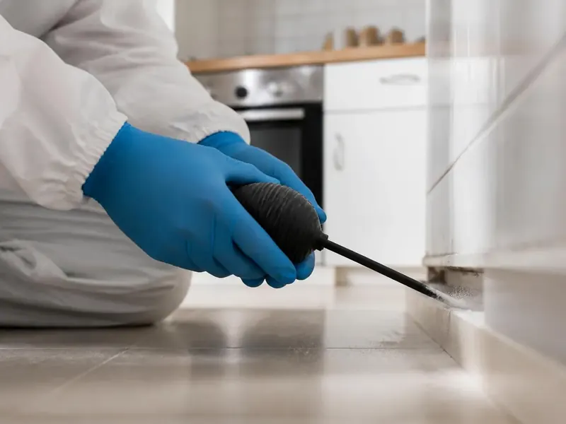 Poudreuse à soufflet injectant une poudre insecticide dans le vide derrière une plinthe de cuisine