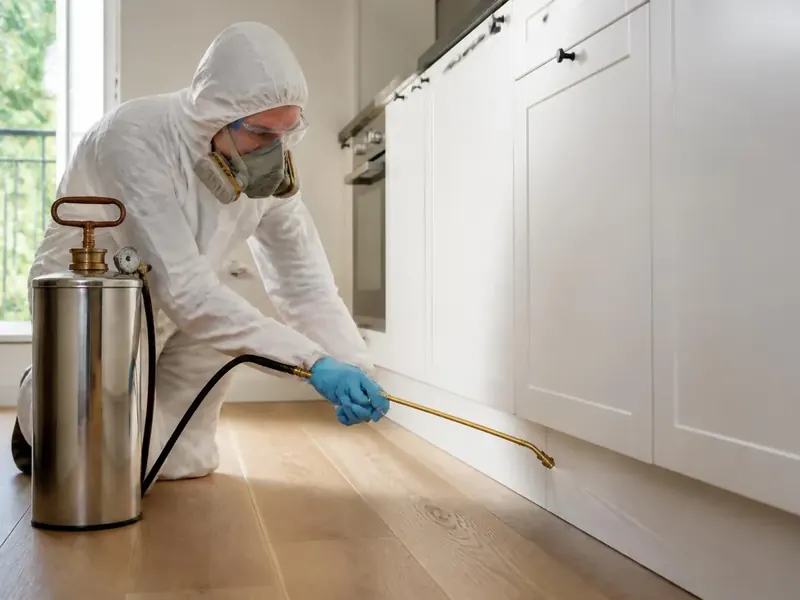 Technicien en combinaison et demi-masque pulvérisant un insecticide le long des plinthes d'une cuisine avec un pulvérisateur inox à manomètre