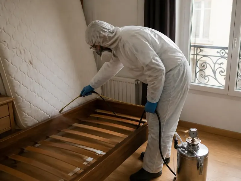 Technicien en combinaison pulvérisant un insecticide dans les jointures d'un cadre de lit, matelas relevé contre le mur