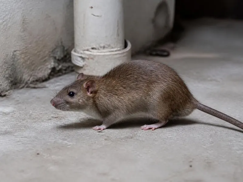 Rat brun (surmulot) dans une cave, près d'une canalisation