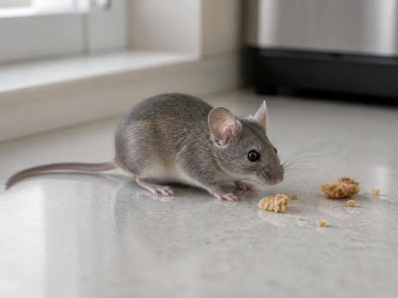 Souris domestique sur un plan de travail de cuisine, près de miettes