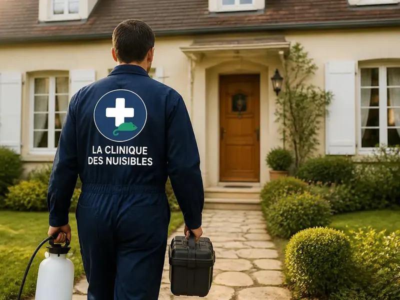 Technicien de La Clinique des Nuisibles, logo au dos, arrivant chez un particulier avec son matériel