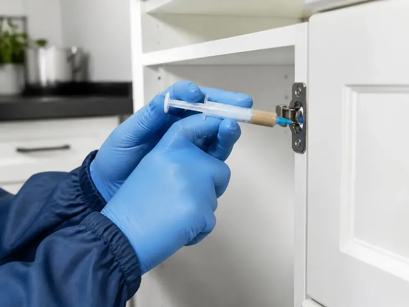 Application de gel anti-cafards à la seringue dans la charnière d'un placard de cuisine