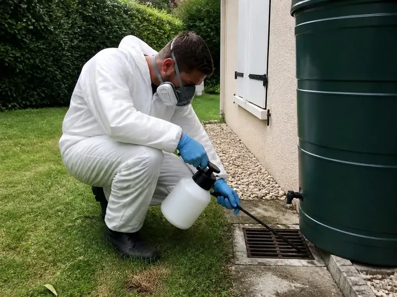 Technicien en combinaison traitant au pulvérisateur le regard d'un jardin, à côté d'un récupérateur d'eau de pluie
